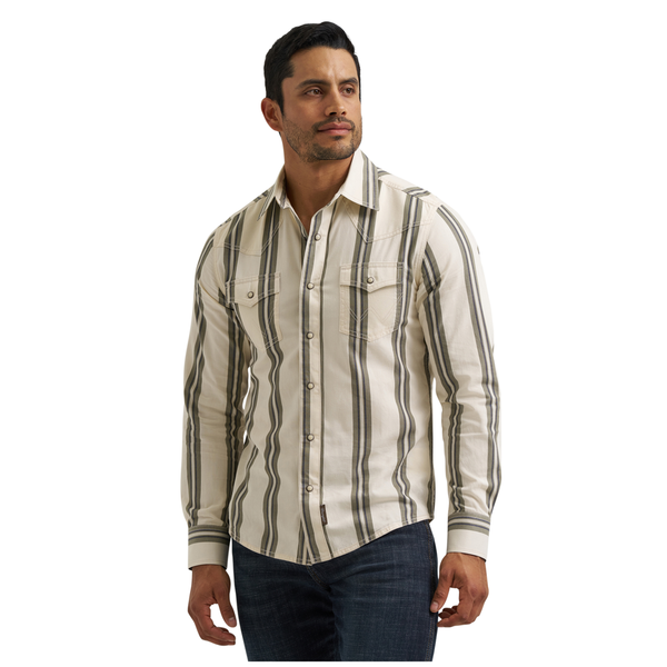112381538 Wrangler Men's Retro Premium Modern Fit Long Sleeve Snap Shirt - Green/Ecru Stripe