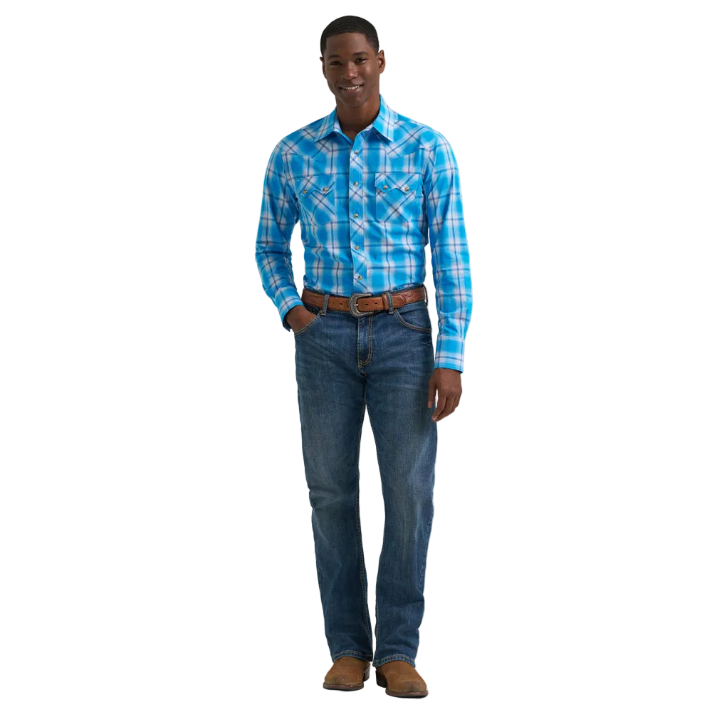 112381875 Wrangler Men's Retro Modern Fit Long Sleeve Western Snap Shirt - Blue Plaid