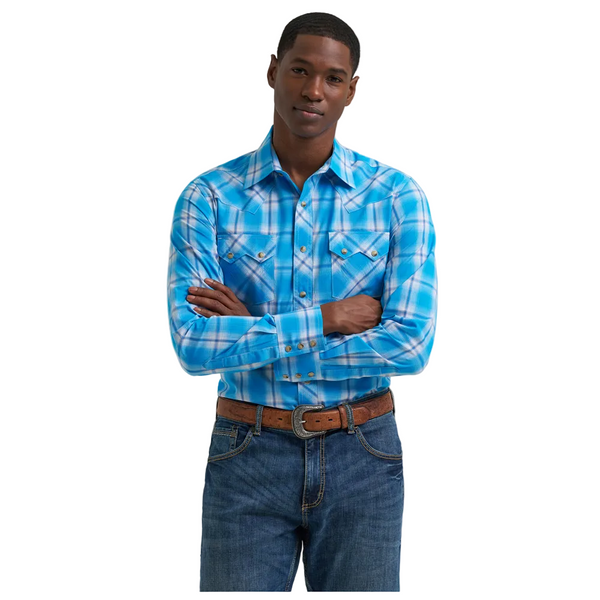 112381875 Wrangler Retro Modern Fit Long Sleeve Western Snap Shirt - Blue Plaid