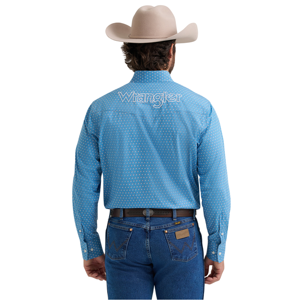 112381985 Wrangler Men's Long Sleeve Logo Button Down Western Shirt - Blue