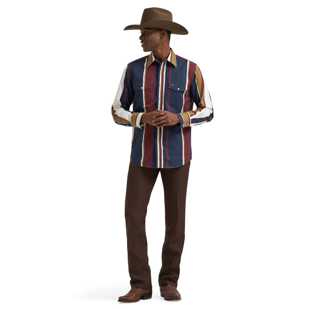 112381998 Wrangler Men's Vintage Inspired Brushpopper Classic Fit Long Sleeve Snap Shirt - Navy Multicolor