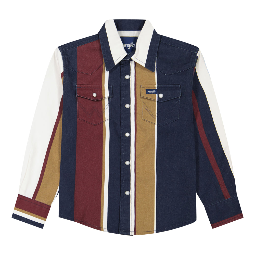 112382002 Wrangler Boys' Vintage Inspired Brushpopper Classic Fit Long Sleeve Snap Shirt - Navy Multicolor