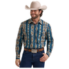 112384297 Wrangler Men's Checotah Dress Western Classic Fit Long Sleeve Snap Shirt - Teal/Brown