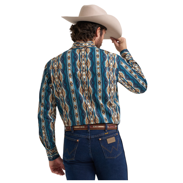 112384297 Wrangler Men's Checotah Dress Western Classic Fit Long Sleeve Snap Shirt - Teal/Brown