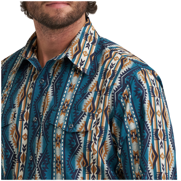 112384297 Wrangler Men's Checotah Dress Western Classic Fit Long Sleeve Snap Shirt - Teal/Brown