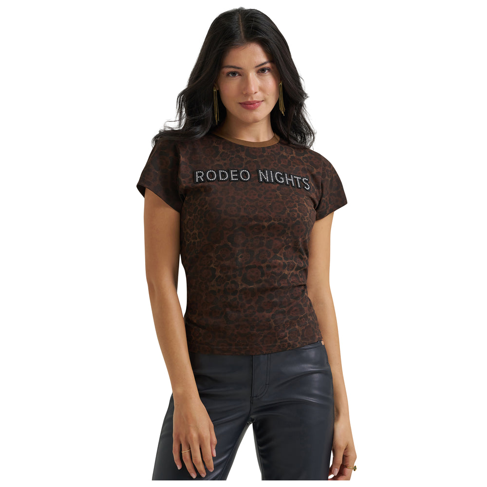 112385577 Wrangler Lainey Wilson Short Sleeve Leopard Rodeo Nights T-Shirt - Brown