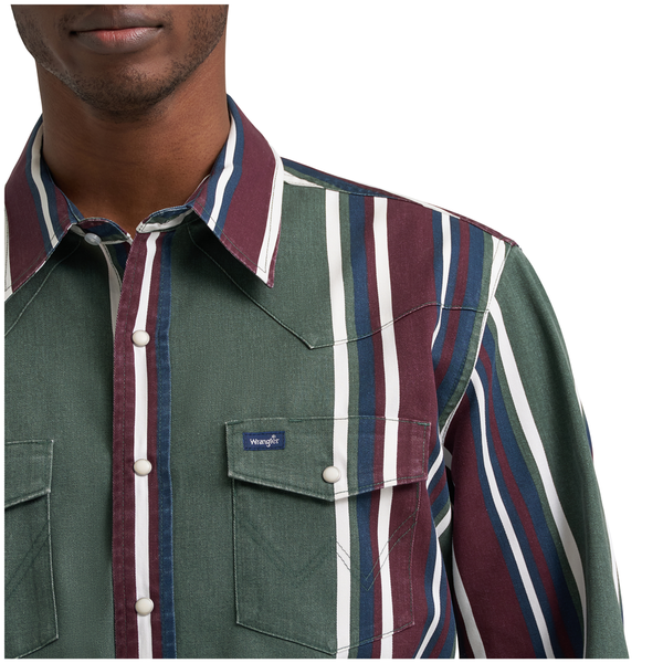 112385788 Wrangler Men's Classic Fit Vintage Inspired Brushpopper Long Sleeve Shirt - Green Multi Stripe