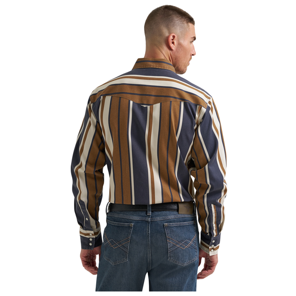 112385789 Wrangler Men's Classic Fit Vintage Inspired Brushpopper Long Sleeve Shirt - Brown & Blue Stripe