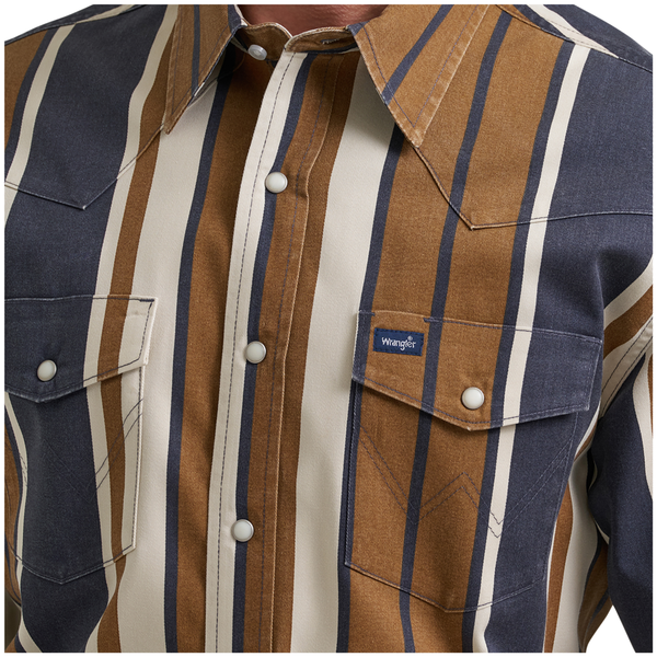 112385789 Wrangler Men's Classic Fit Vintage Inspired Brushpopper Long Sleeve Shirt - Brown & Blue Stripe