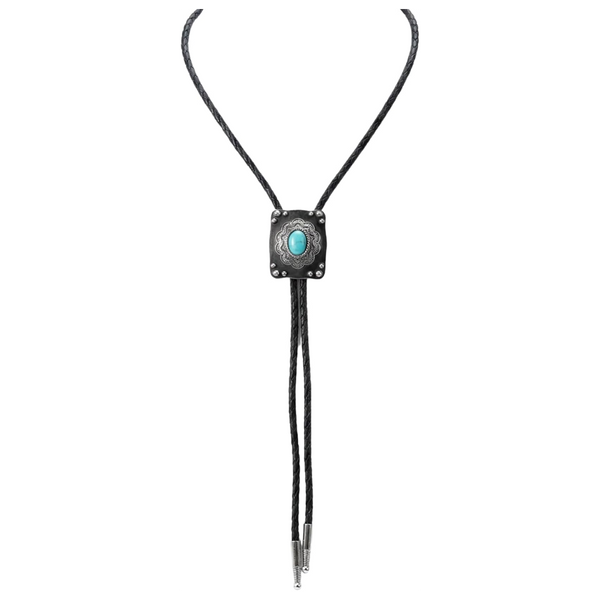 22413 Double S Bolo Tie - Dark Antique with Turquoise Stone