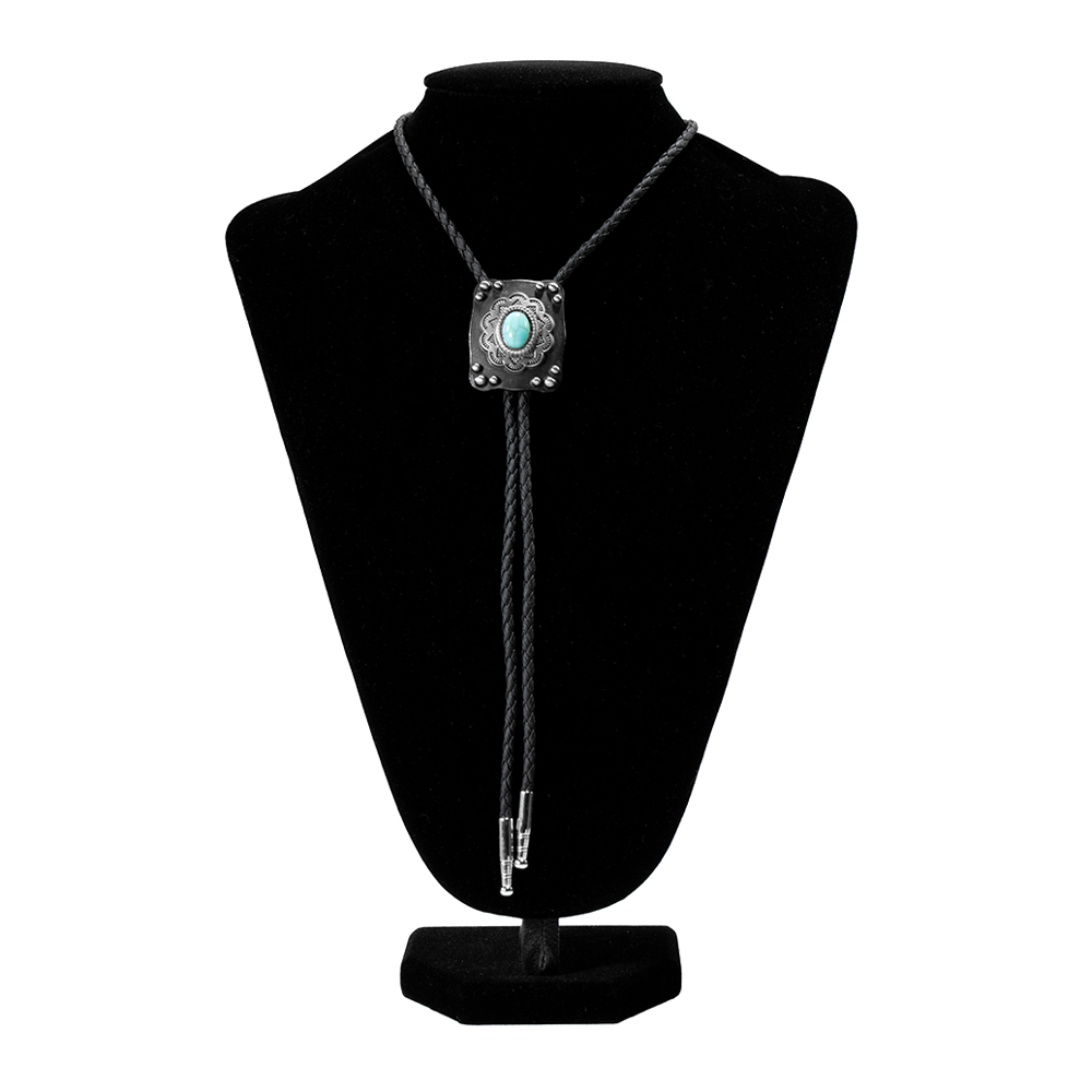 22413 Double S Bolo Tie - Dark Antique with Turquoise Stone