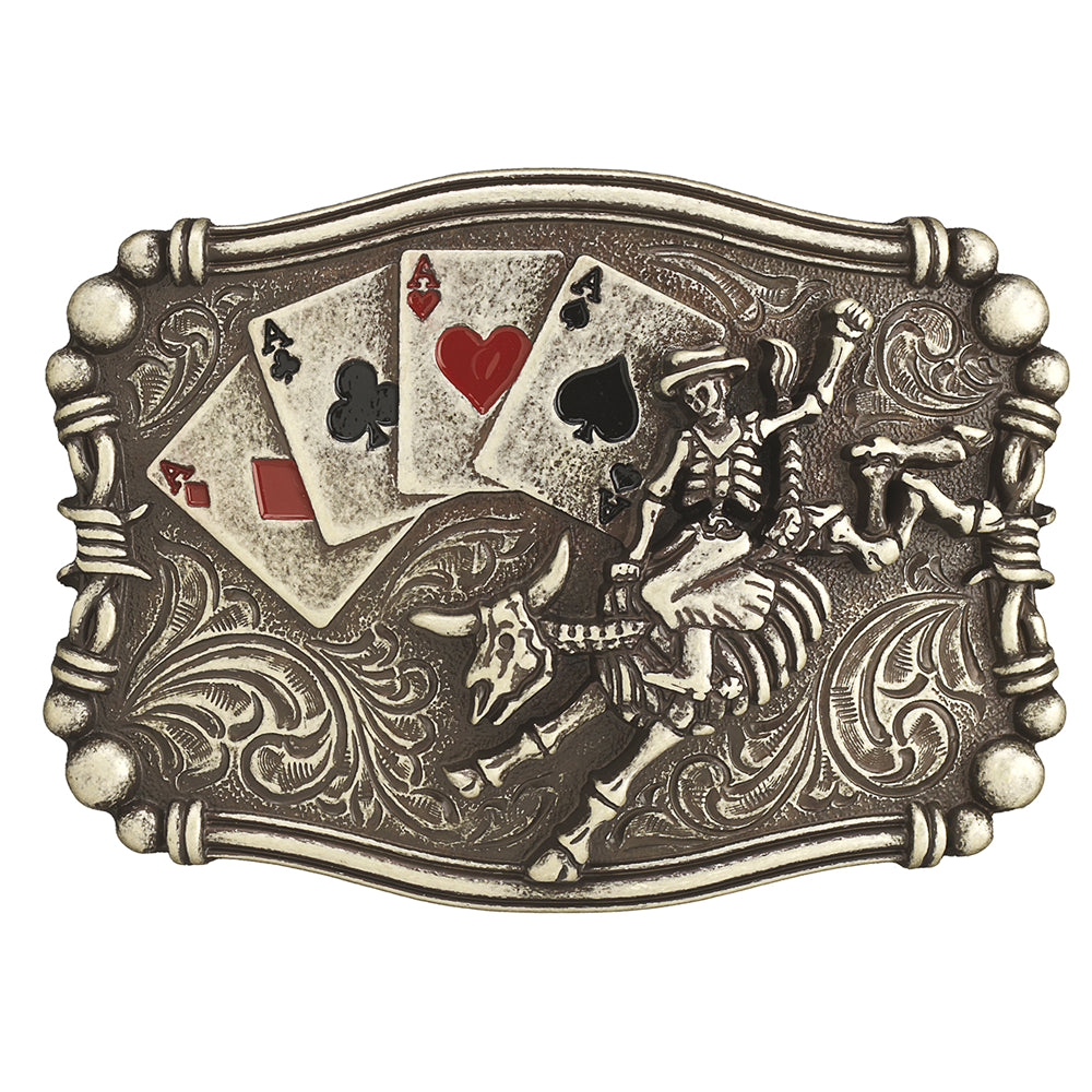 3700018 Nocona Men's Western Belt Buckle - Rectangle Skeleton Bull Rider Aces