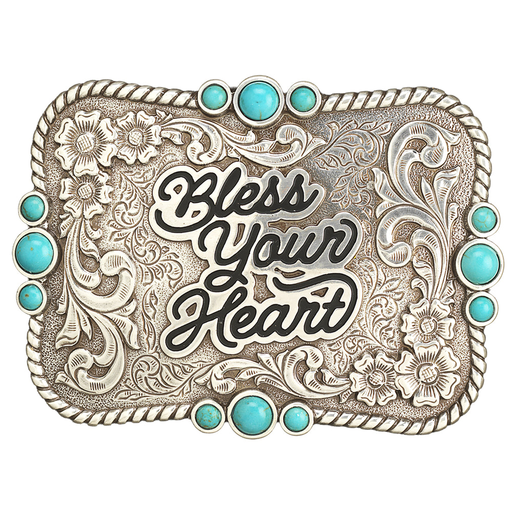 3700021 Blazin' Roxx Women's Western Belt Buckle - Rectangle Bless Your Heart Turquoise