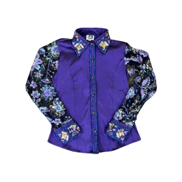 38515 Royal Highness Youth Stretch Taffeta Show Shirt w/ Daisey Sheer Sleeves - Purple