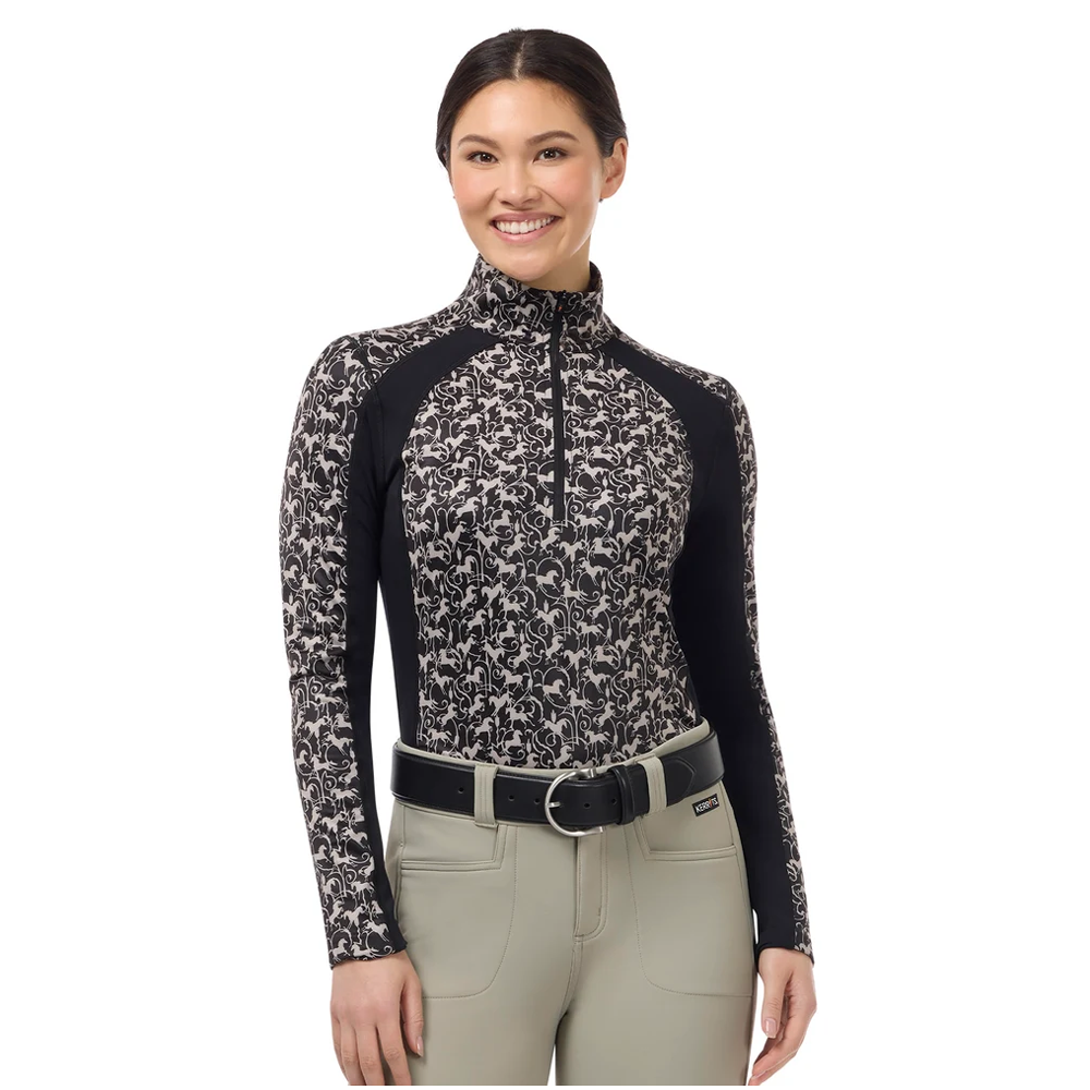 40776 Kerrits Women's Traverse Quarter Zip Fleece Tech Top - Black Wrought Iron Horses