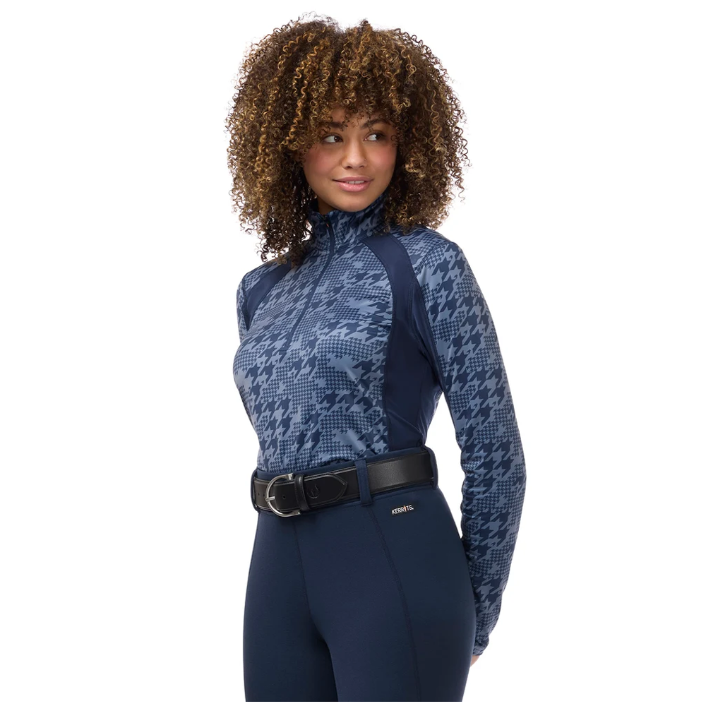 40776 Kerrits Women's Traverse Quarter Zip Fleece Tech Top - Dusty Blue Houndstooth