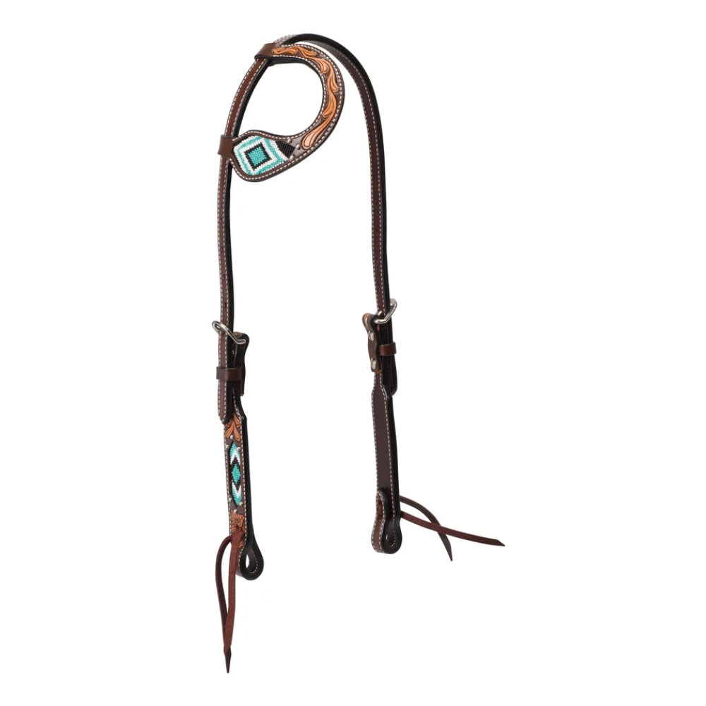 45-0145 Weaver Leather Turquoise Cross Flat Sliding One Ear Headstall - Turquoise Beaded