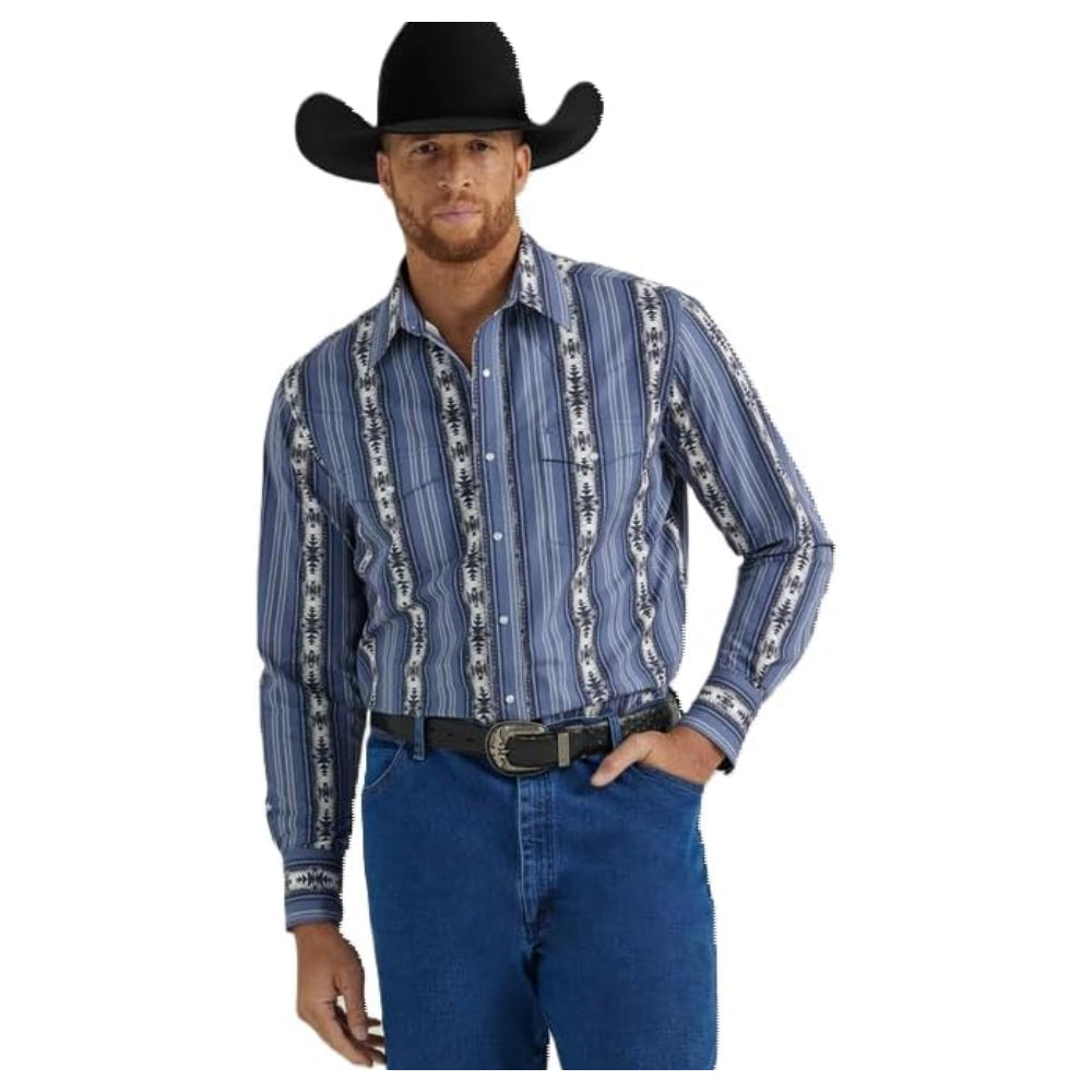 112346070 Wrangler Men's Checotah Dress Western Long Sleeve Shirt - Navy Print