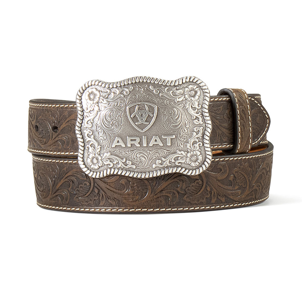 A1020444 Ariat Mens Double Stitched Brown Belt with Ariat Logo Buckle