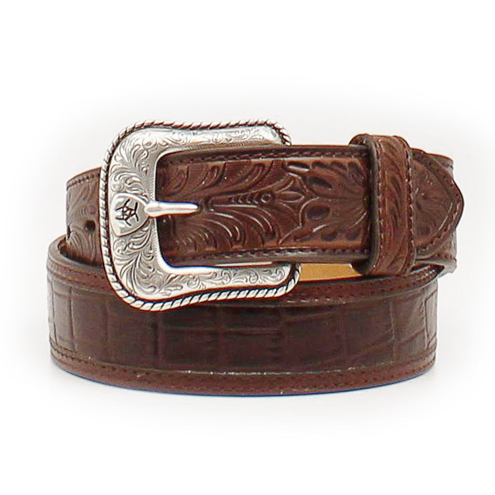 A1021202 Ariat Men's Floral Tooled Croc Print Brown Belt