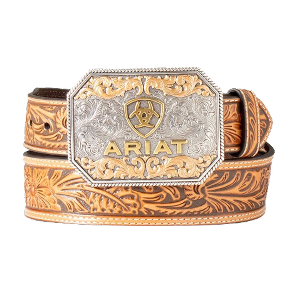 Nocona - Nocona Western Belt Mens Leather Embossed Floral Red Tan