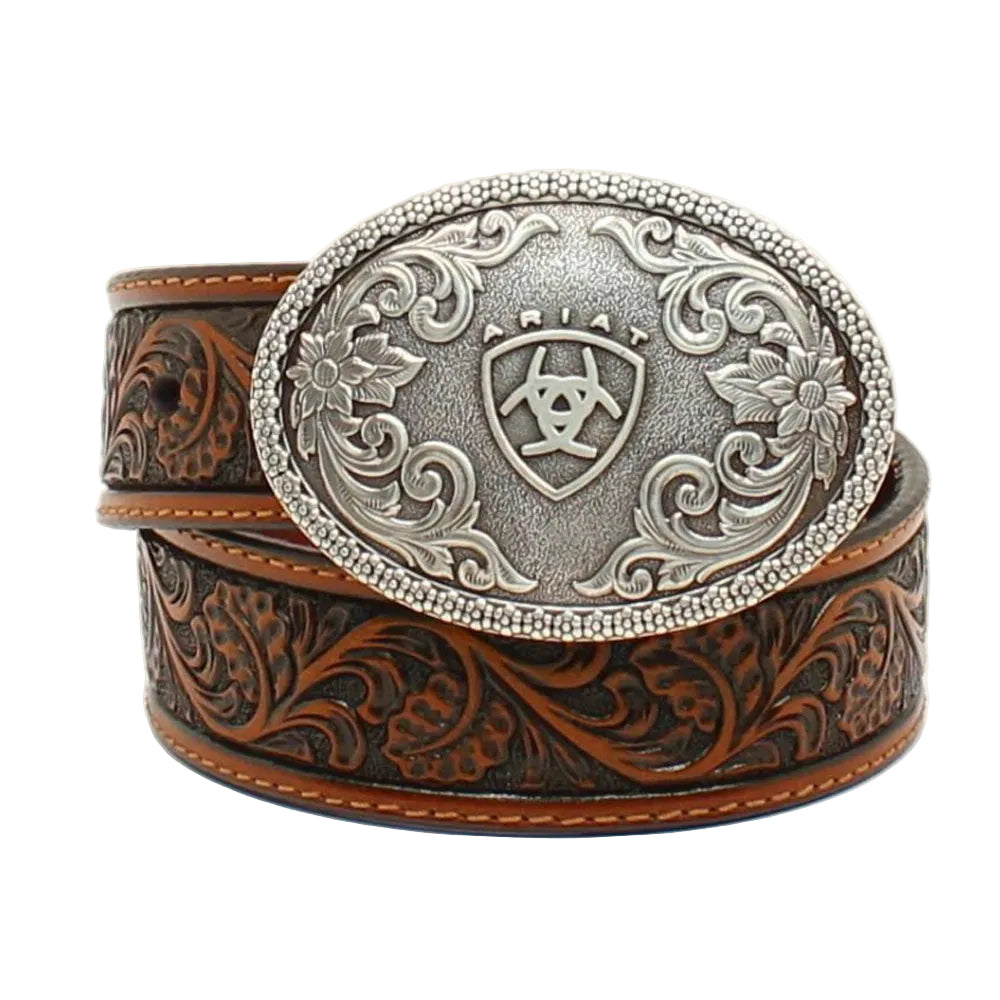 A1300208 Ariat Boy's Tooled Double Stitched Leather Belt with Buckle - Brown