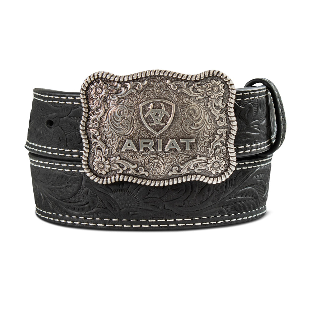 A1309701 Ariat Boy's Tooled Double Stitched Leather Belt with Buckle - Black