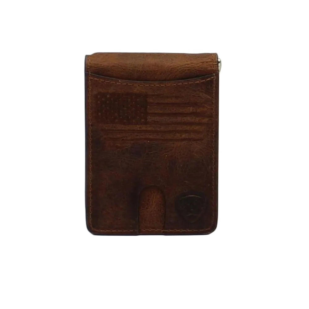 A3546002 Ariat Men's Embroidered Flag Bifold Money Clip Leather Wallet - Brown