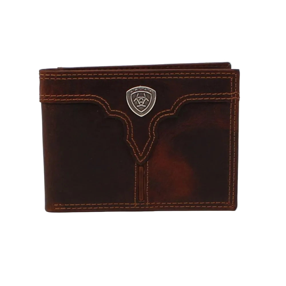 A3550202 Ariat Men's Center Bump Shield Logo Bifold Wallet - Brown