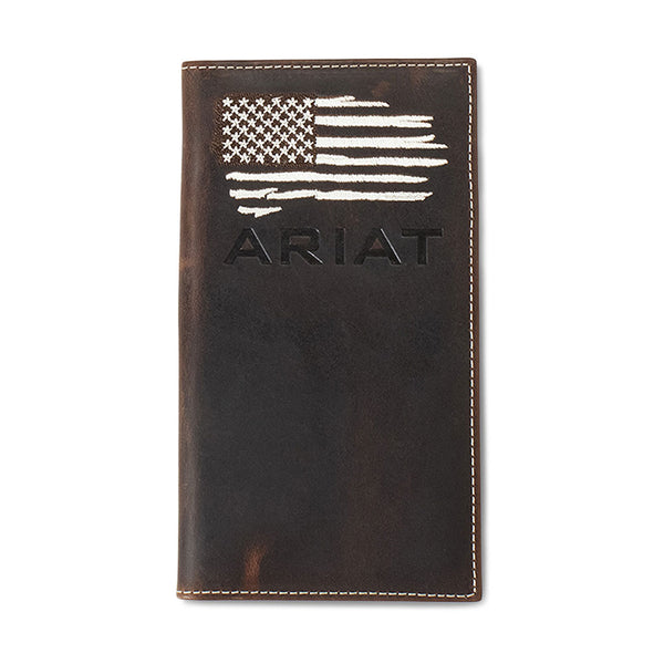 A3553734 Ariat Men's Rodeo Distressed White Stitched USA Flag Logo Shield Wallet