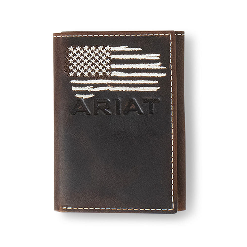 A3553934 Ariat Men's Trifold White Stitched USA Flag & Logo Leather Wallet