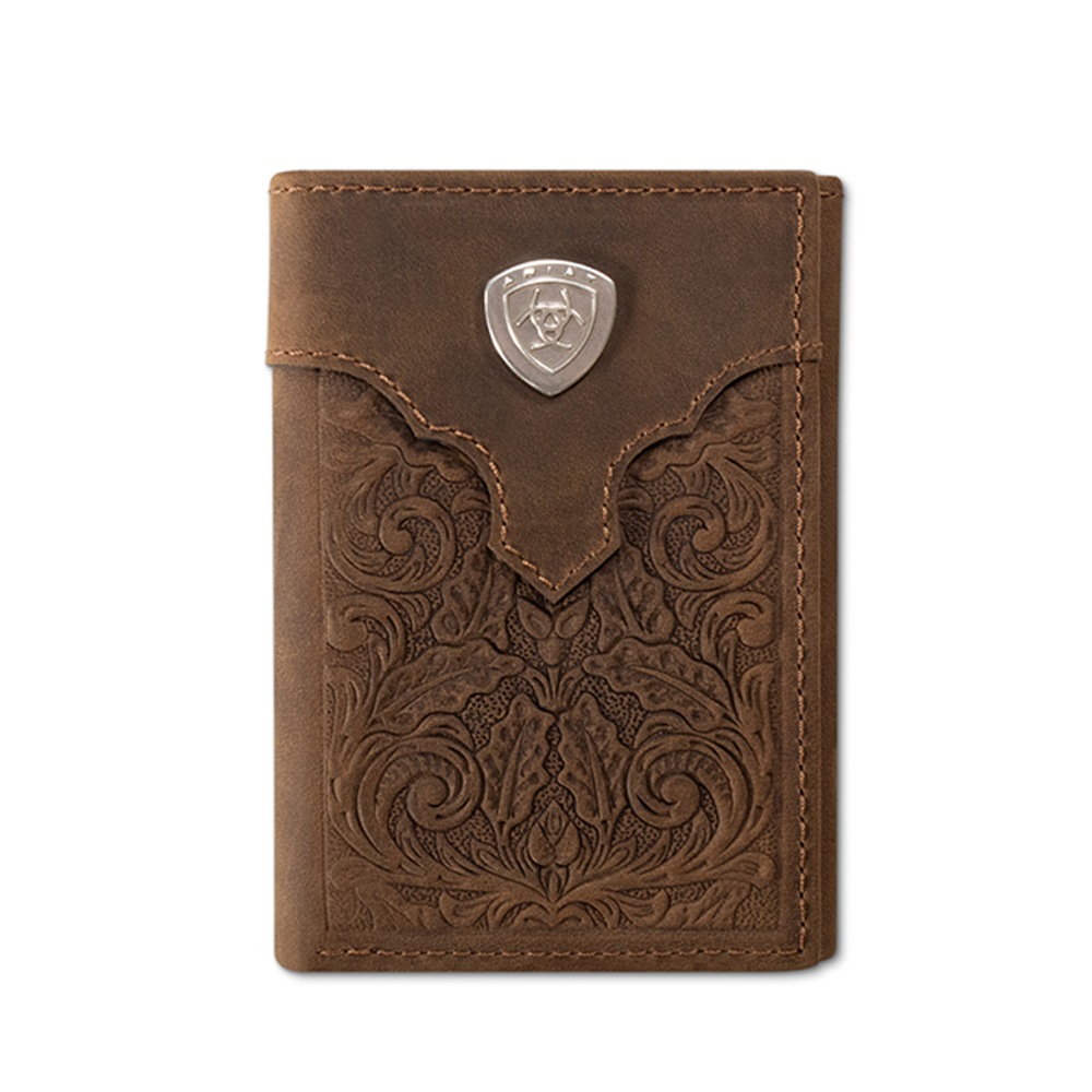 A3568944 Ariat Men's Floral Embossed Trifold Wallet - Brown