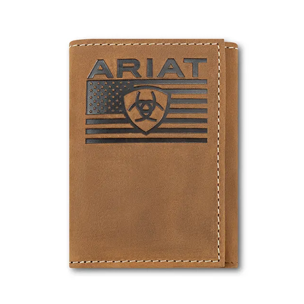 A3570044 Ariat Mens' Trifold Flag Embossed Wallet - Medium Brown