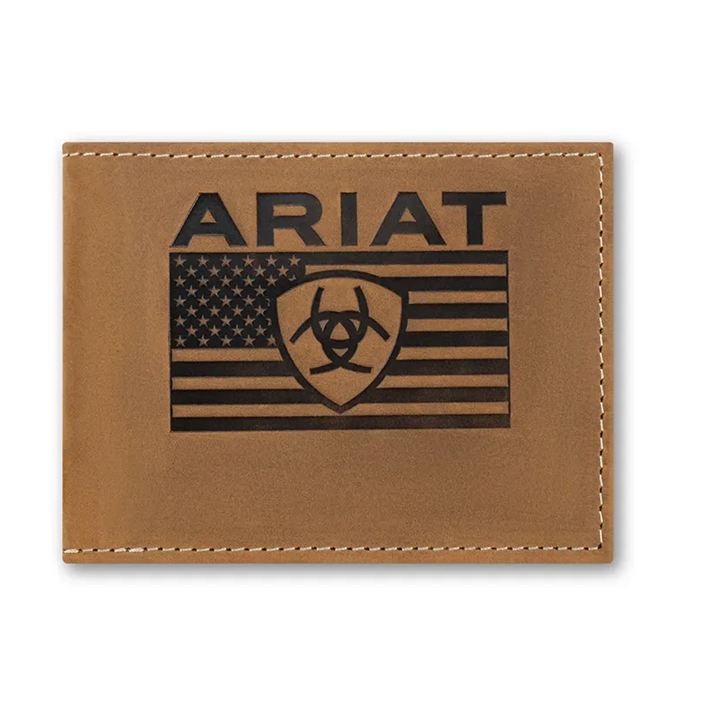A3570144 Ariat Men's Bifold Flag Embossed Wallet - Medium Brown