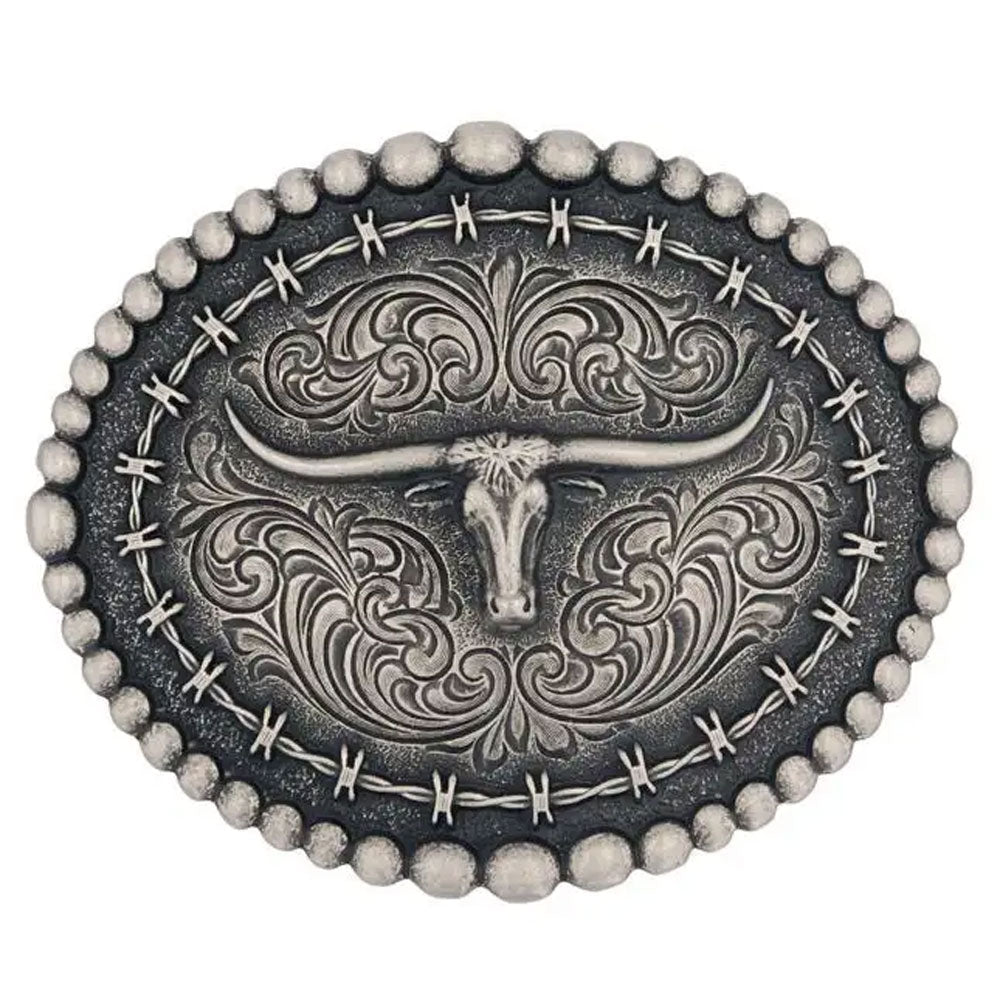 A972S Montana Silversmiths Rustic Barbed Wire Longhorn Buckle