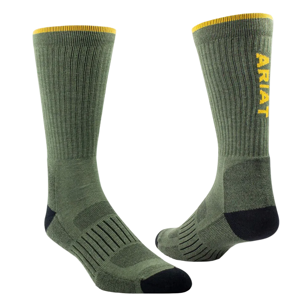 AR2777 Ariat Men's AriatTek High Performance Crew Work Socks 2 Pair Pack - Olive