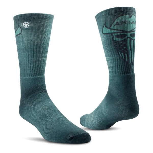 AR2900 Ariat Men's Incognito Graphic Crew Work Socks 2 Pair Pack - Green/Grey
