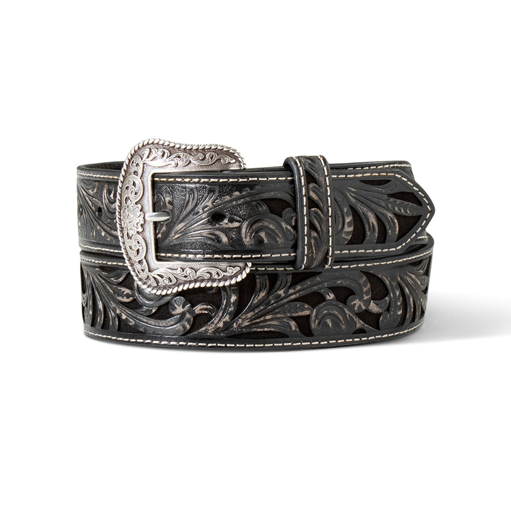 A1565001 Ariat Women's Black Floral Embossed Leather Belt Silver Buckle