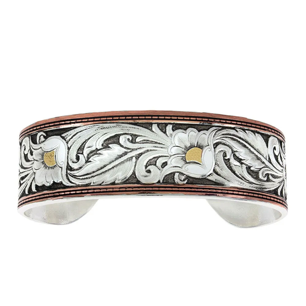 BC2598TRI-BK Montana Silversmiths Leather Cut Tri-Colored Floral Cuff Bracelet