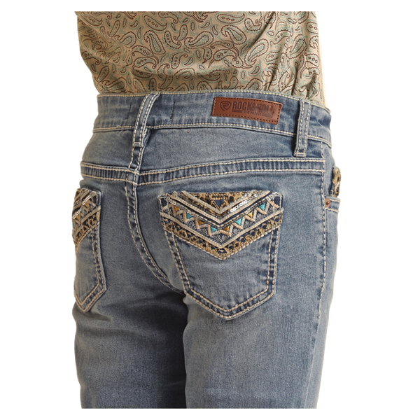 BG4MD02552 Rock & Roll Denim Girls Mid Rise Bootcut Jean with Fancy Cheetah Embroidery