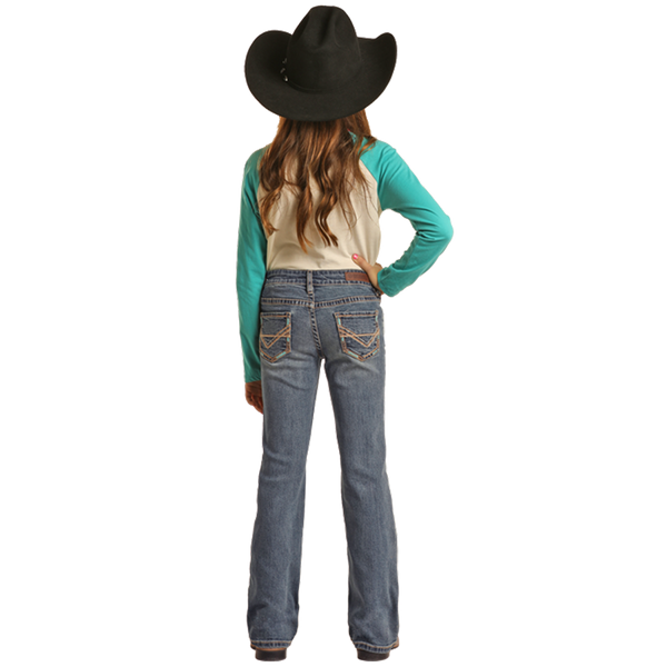 BG4MD02553 Rock & Roll Denim Girls Bootcut Mid Rise Jeans with Pedal Stitch Embroidery