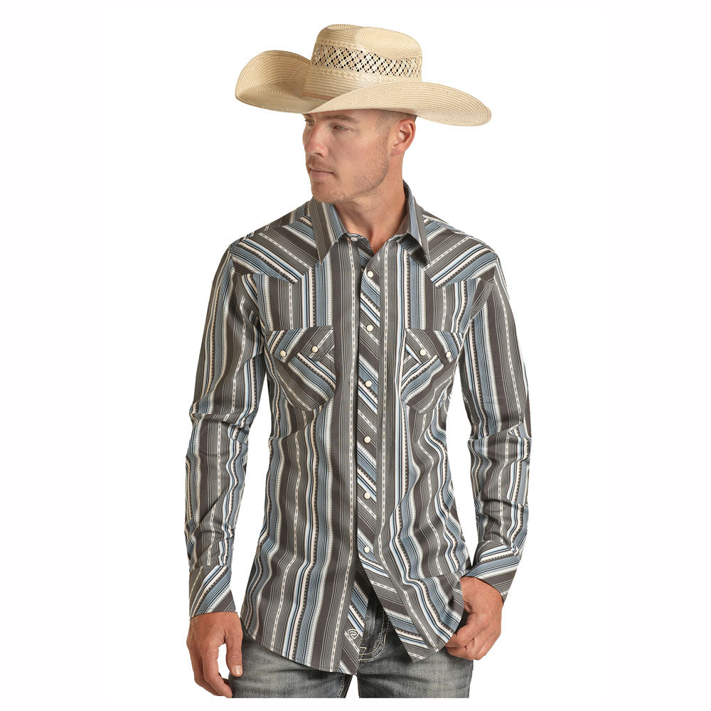 BMN2S03345 Rock & Roll Men's Long Sleeve Stripe Western Snap Shirts - Blue Grey