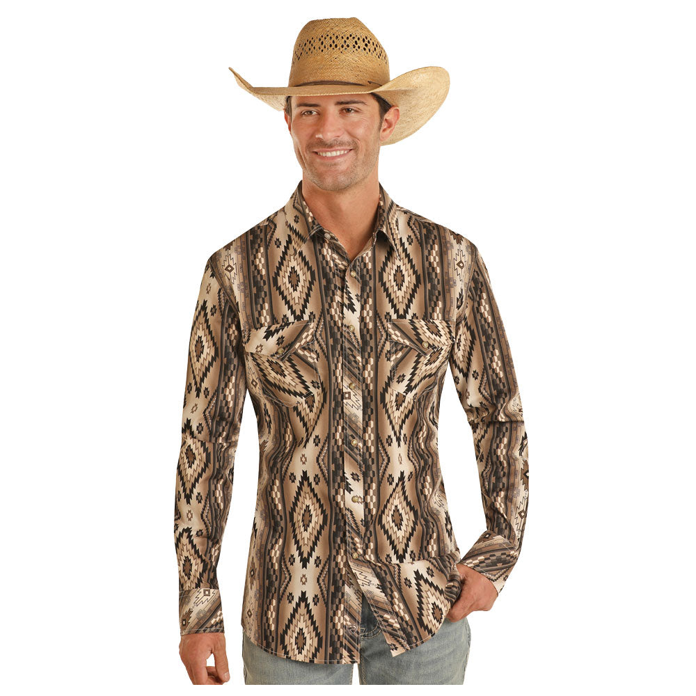 BMN2S03939 Rock & Roll Men's Long Sleeve Aztec Print Snap Shirts - Black & Tan