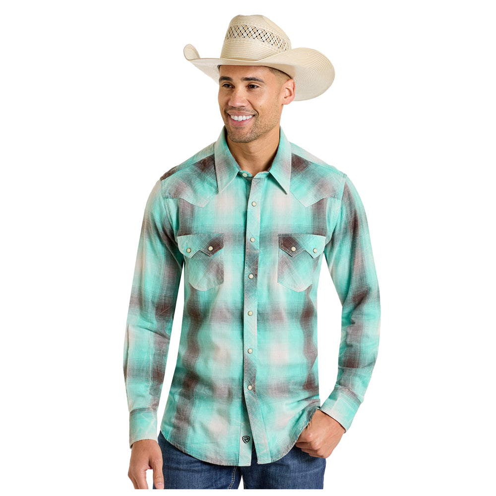 BMN2S06485 Rock & Roll Men's Long Sleeve Double Plaid Western Snap Shirt - Turquoise