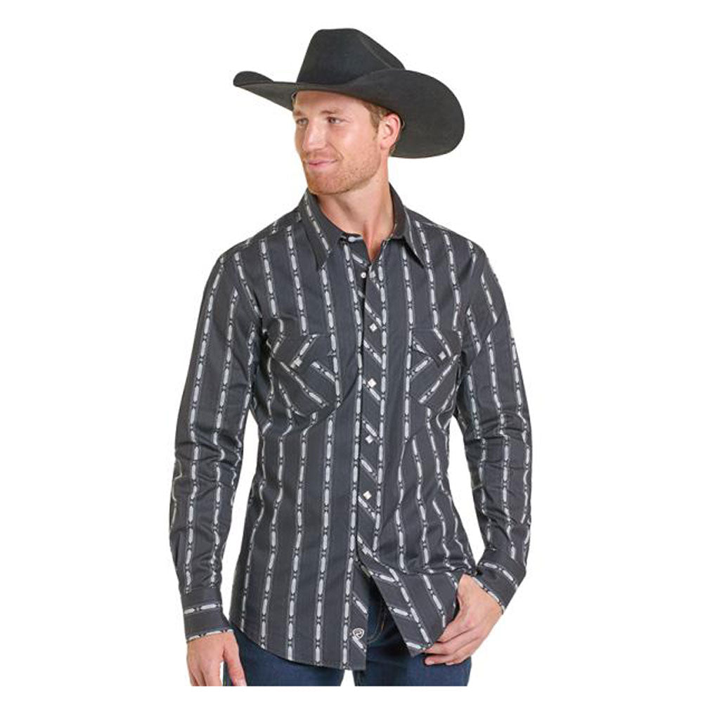 BMN2S07161 Rock & Roll Men's Long Sleeve Western Snap Shirt - Black Printed Stripe