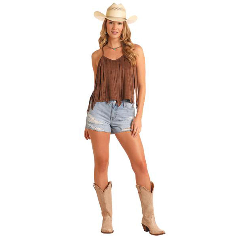 BW20T06236 Rock & Roll Women's Microsuede Tank with Fringe - Brown