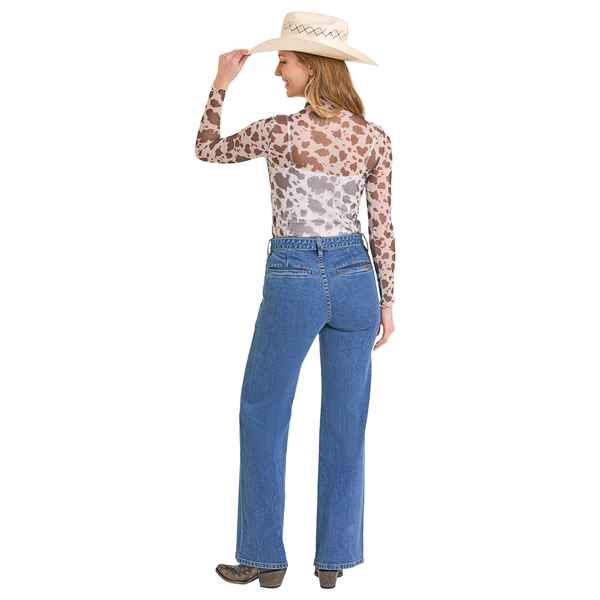 BW22T08088 Rock & Roll Women's Long Sleeve Mesh Top - Brown Cow Print