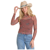 BW22T08090 Rock & Roll Women's Horse Print Long Sleeve Mesh Top - Rust