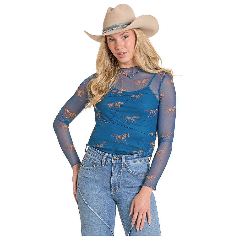 BW22T08109 Rock & Roll Women's Horse Print Long Sleeve Top - Blue