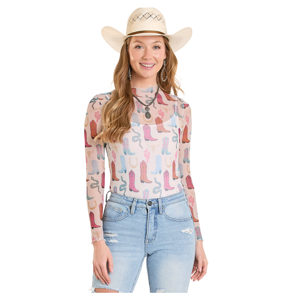 BW22T08126 Rock & Roll Women's Boot Print Sheer Long Sleeve Top - Natural